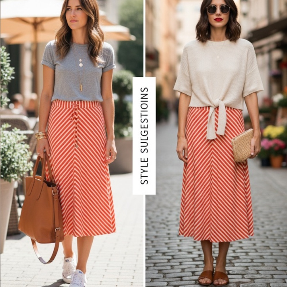 Joules Red & White Striped Midi Skirt | Size US 14 (UK 18 / EU 46)